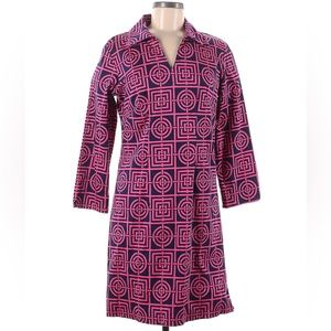 Melly M 3/4 Sleeve V Neck Dress Pink and Navy Geometric Print Women's Size 4